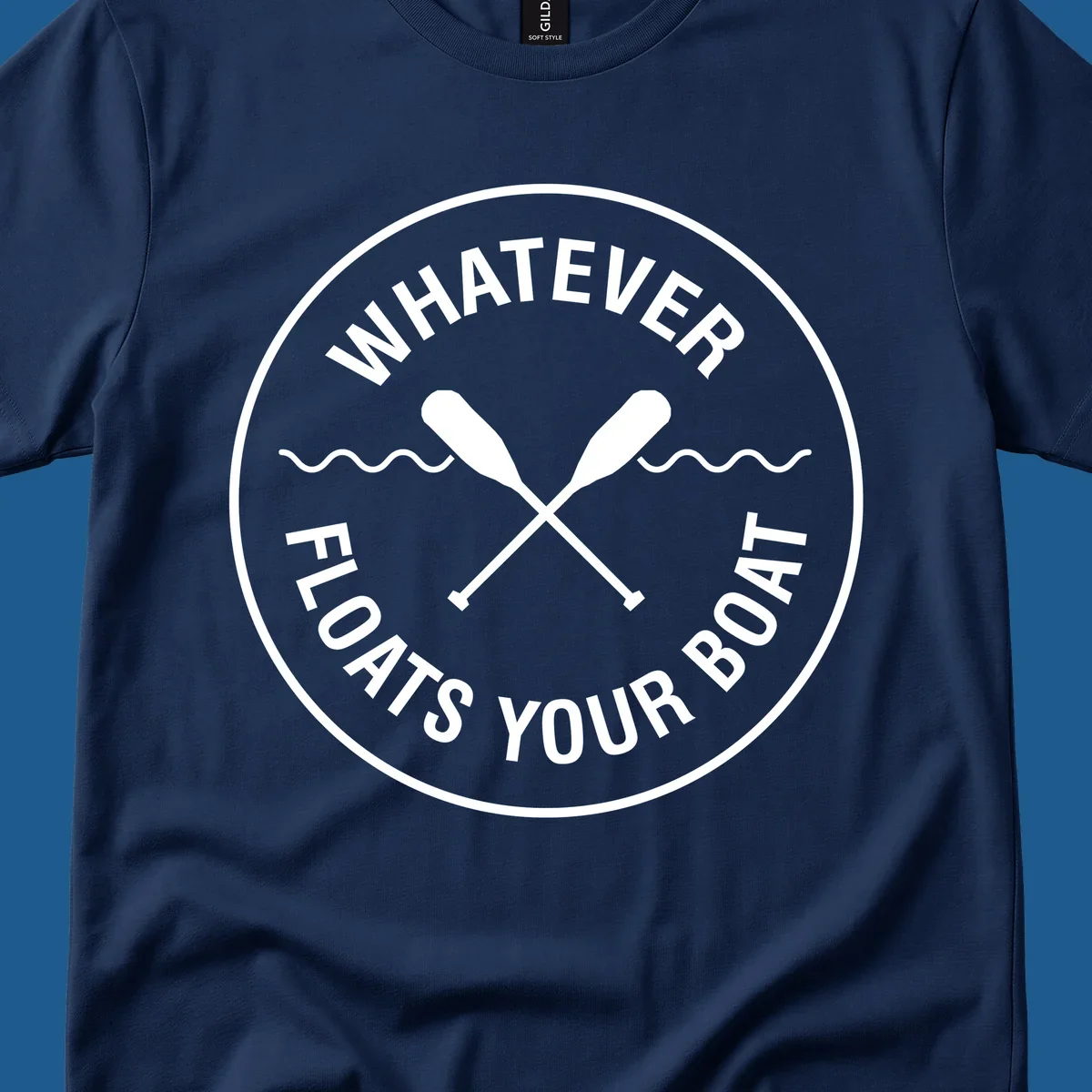 Circular badge with 'Whatever Floats Your Boat' text and crossed oars, representing pontoon boat lifestyle.
