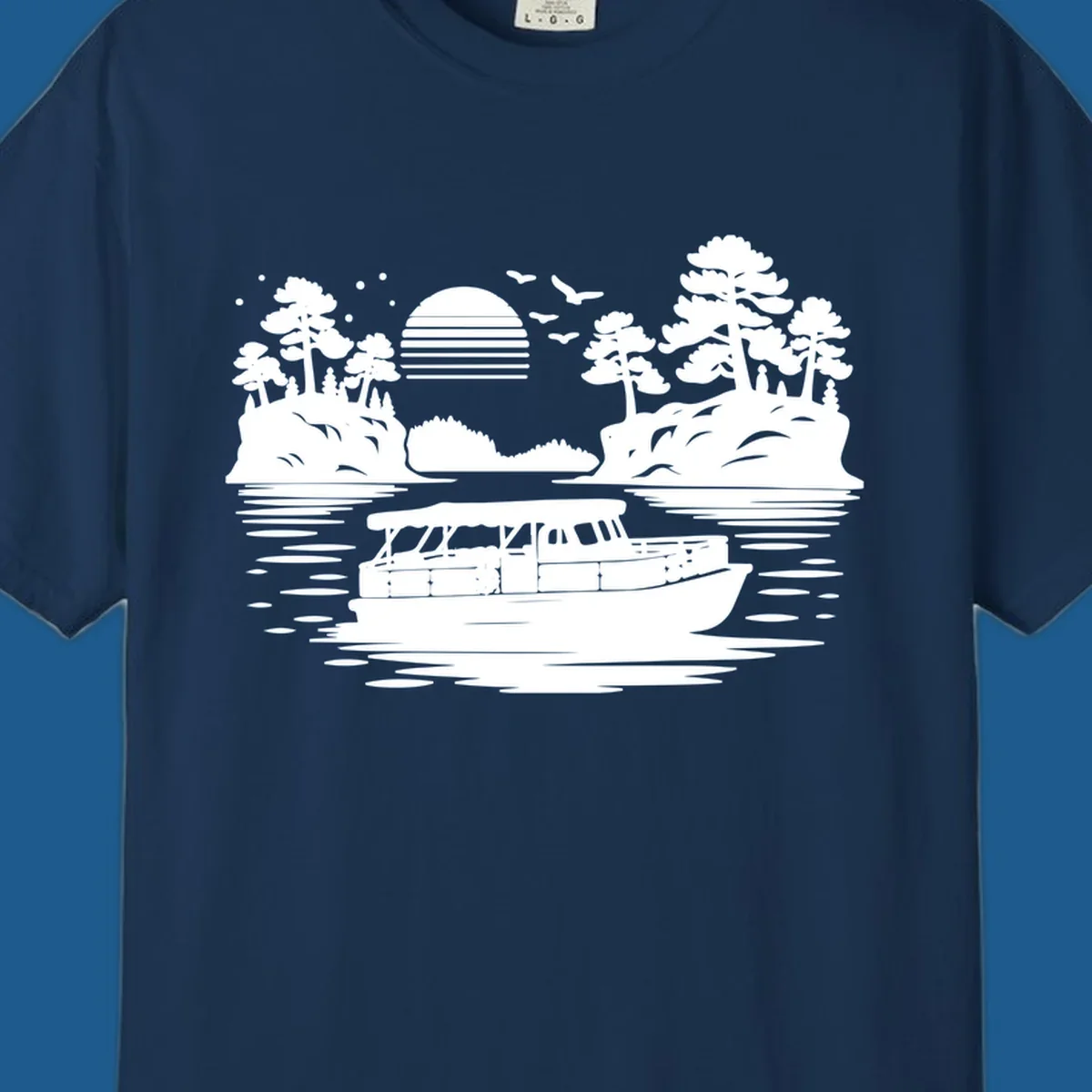 Pontoon boat on the water at sunset with islands and trees, white silhouette design.