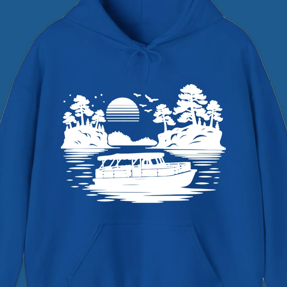 Pontoon boat on the water at sunset with islands and trees, white silhouette design.