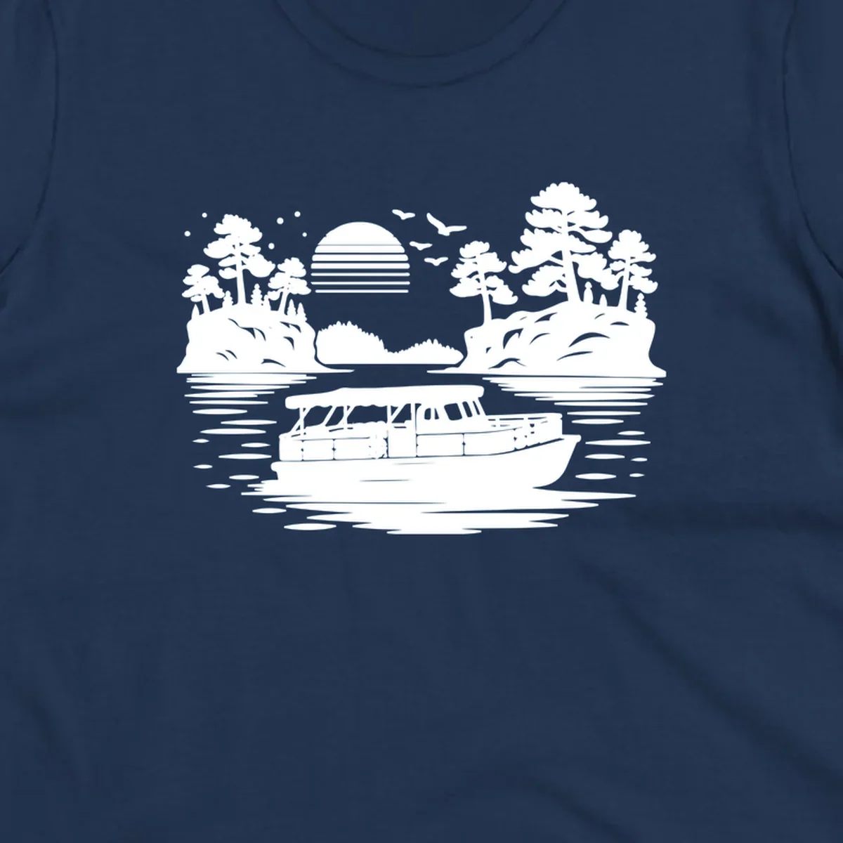 Pontoon boat on the water at sunset with islands and trees, white silhouette design.