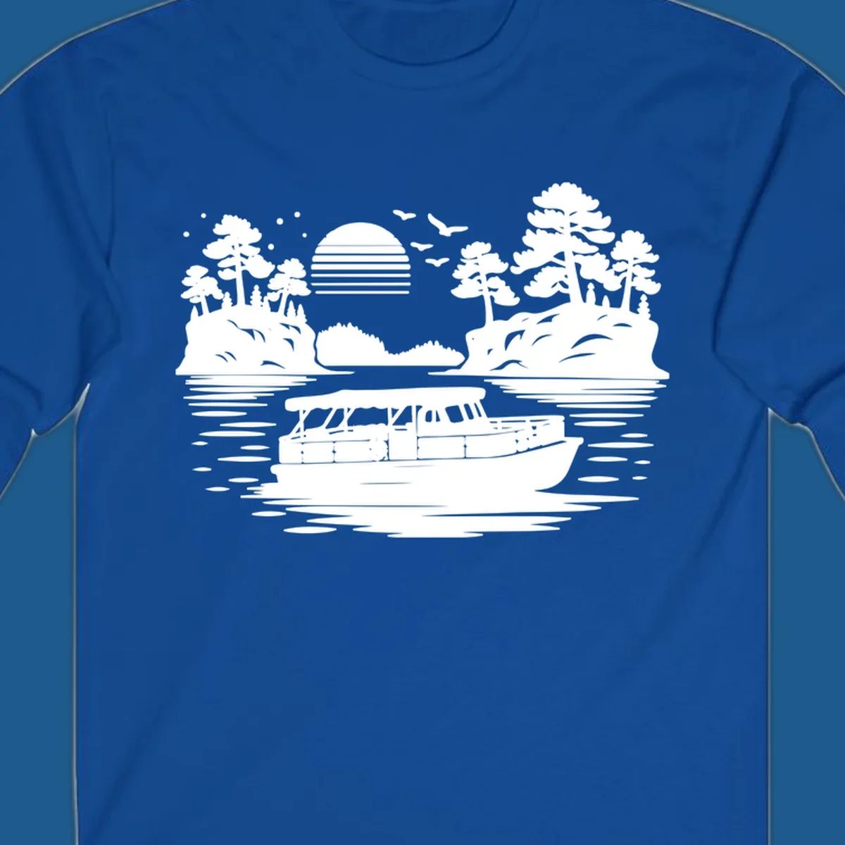 Pontoon boat on the water at sunset with islands and trees, white silhouette design.