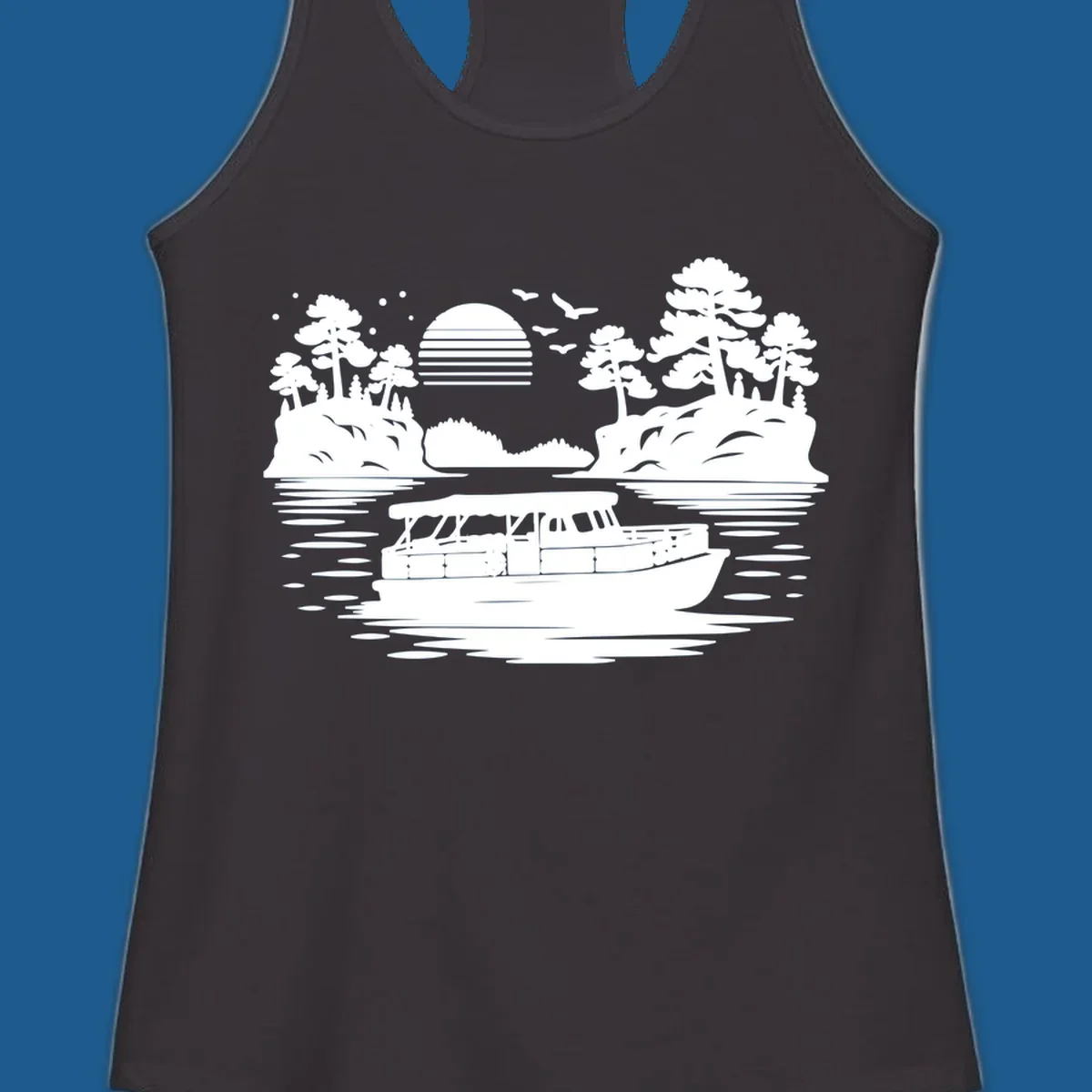 Pontoon boat on the water at sunset with islands and trees, white silhouette design.