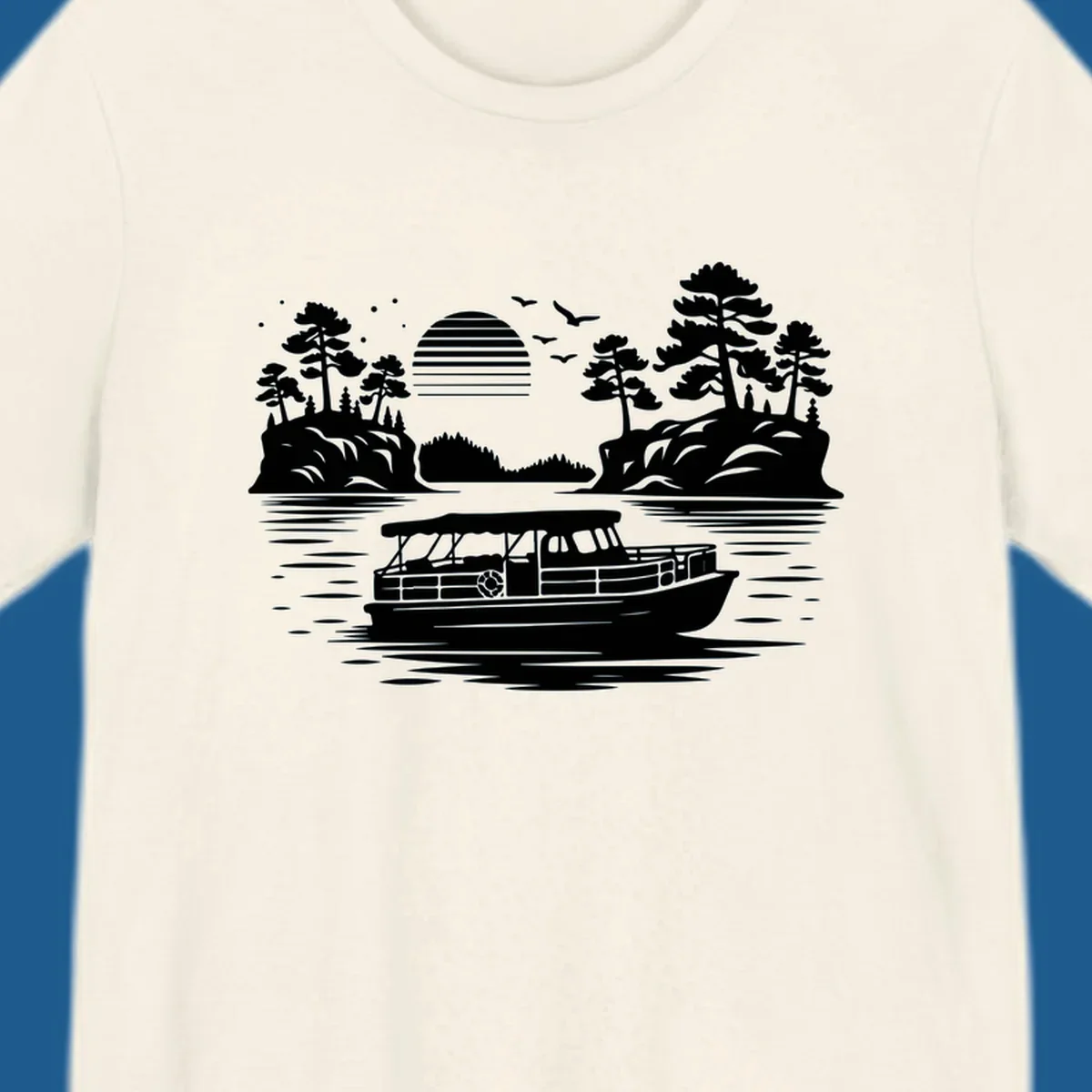 Pontoon boat on the water at sunset with islands and trees, white silhouette design.