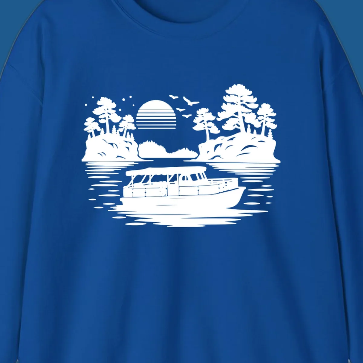 Pontoon boat on the water at sunset with islands and trees, white silhouette design.