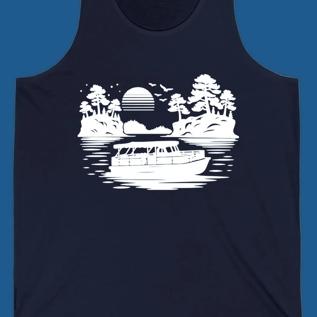 Pontoon boat on the water at sunset with islands and trees, white silhouette design.