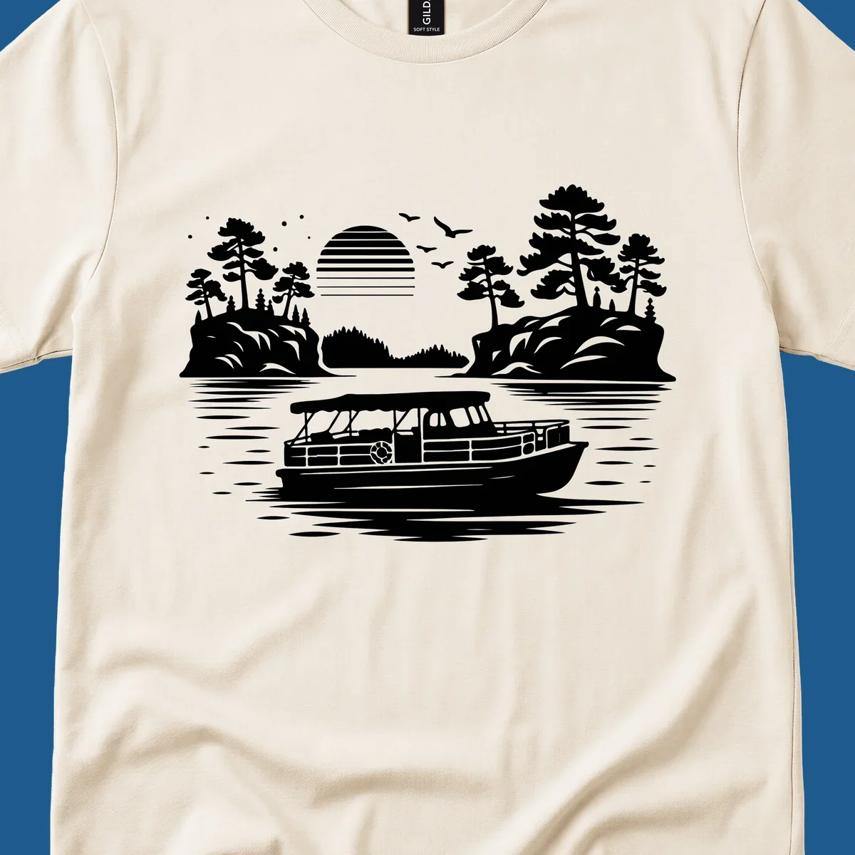 Pontoon boat on the water at sunset with islands and trees, white silhouette design.