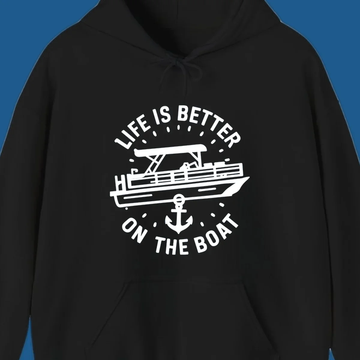 Pontoon boat and anchor with text 'Life is Better On The Boat', pontoon-boat-life design.