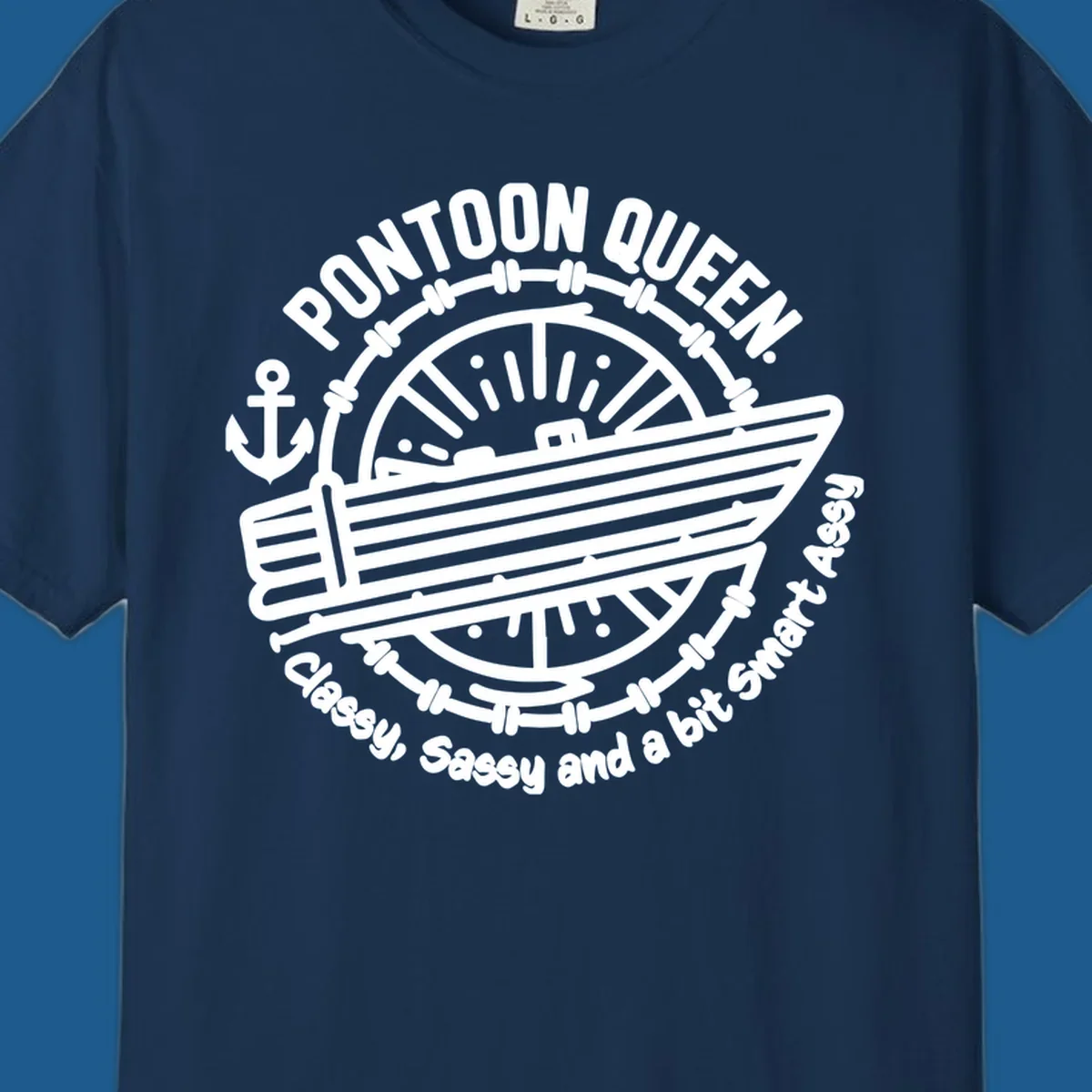 Pontoon Queen boat life design with text and graphics of a boat, wheel, and anchor.