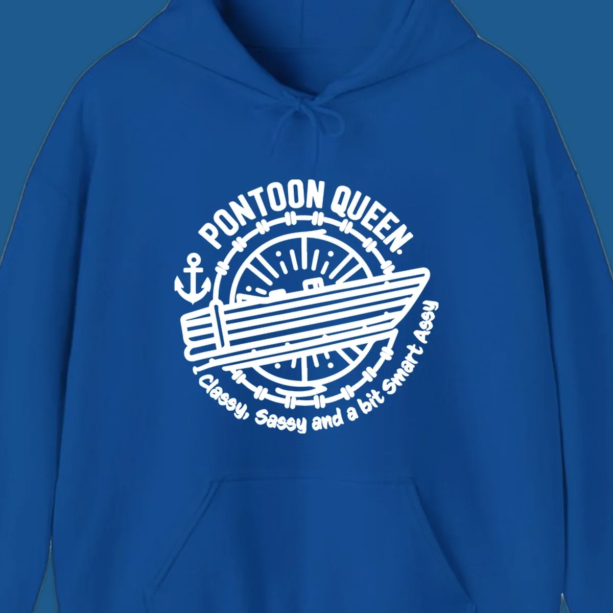 Pontoon Queen boat life design with text and graphics of a boat, wheel, and anchor.