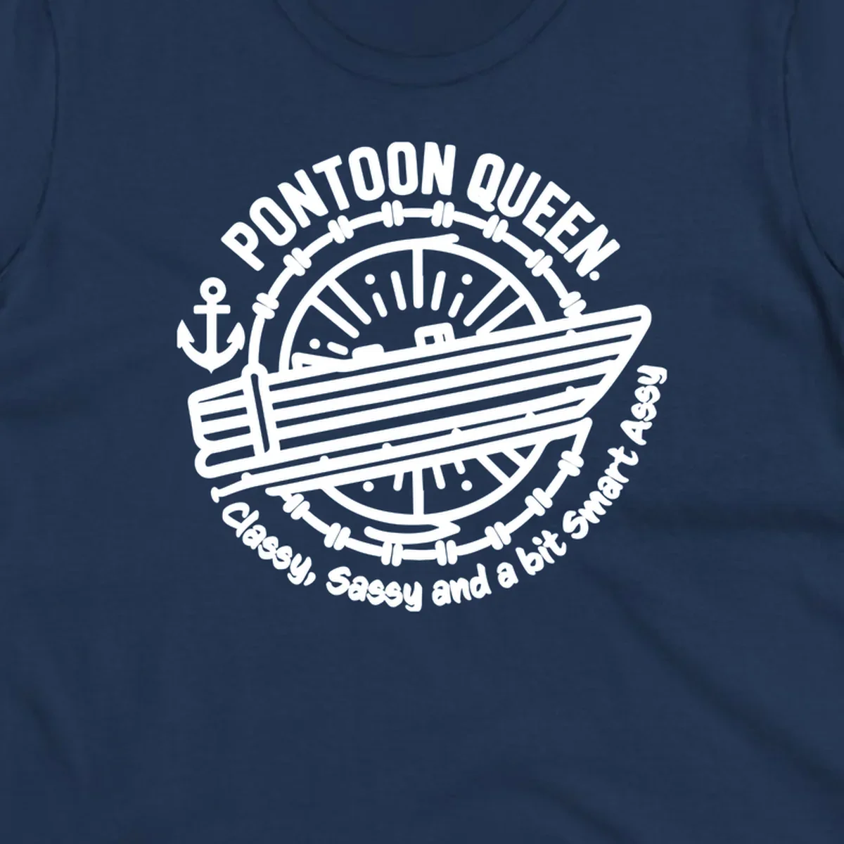 Pontoon Queen boat life design with text and graphics of a boat, wheel, and anchor.