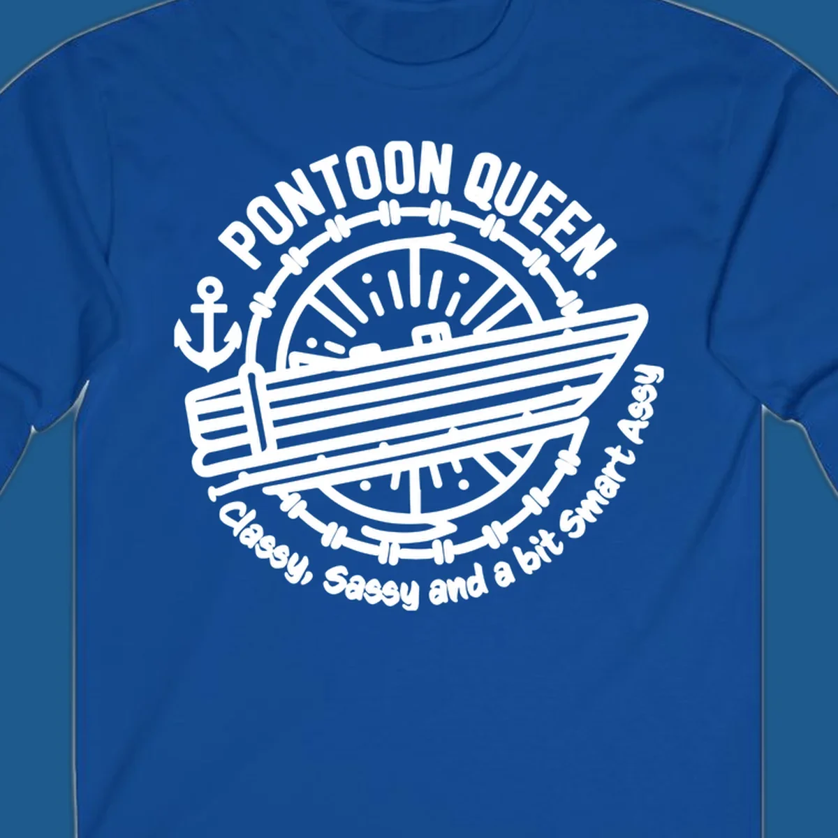 Pontoon Queen boat life design with text and graphics of a boat, wheel, and anchor.