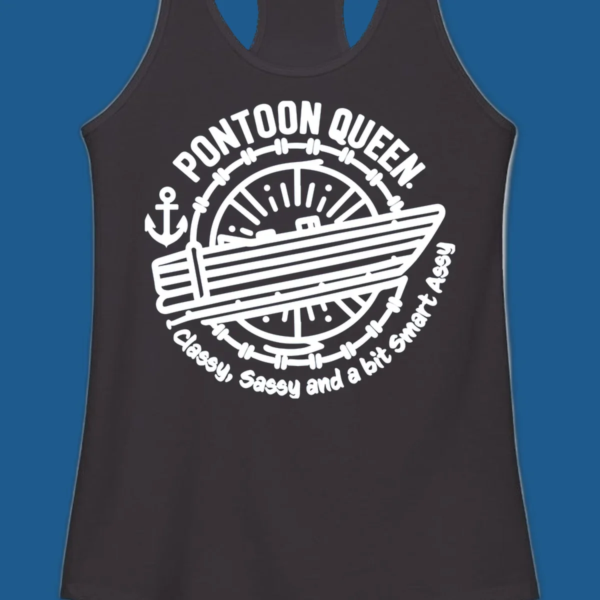Pontoon Queen boat life design with text and graphics of a boat, wheel, and anchor.