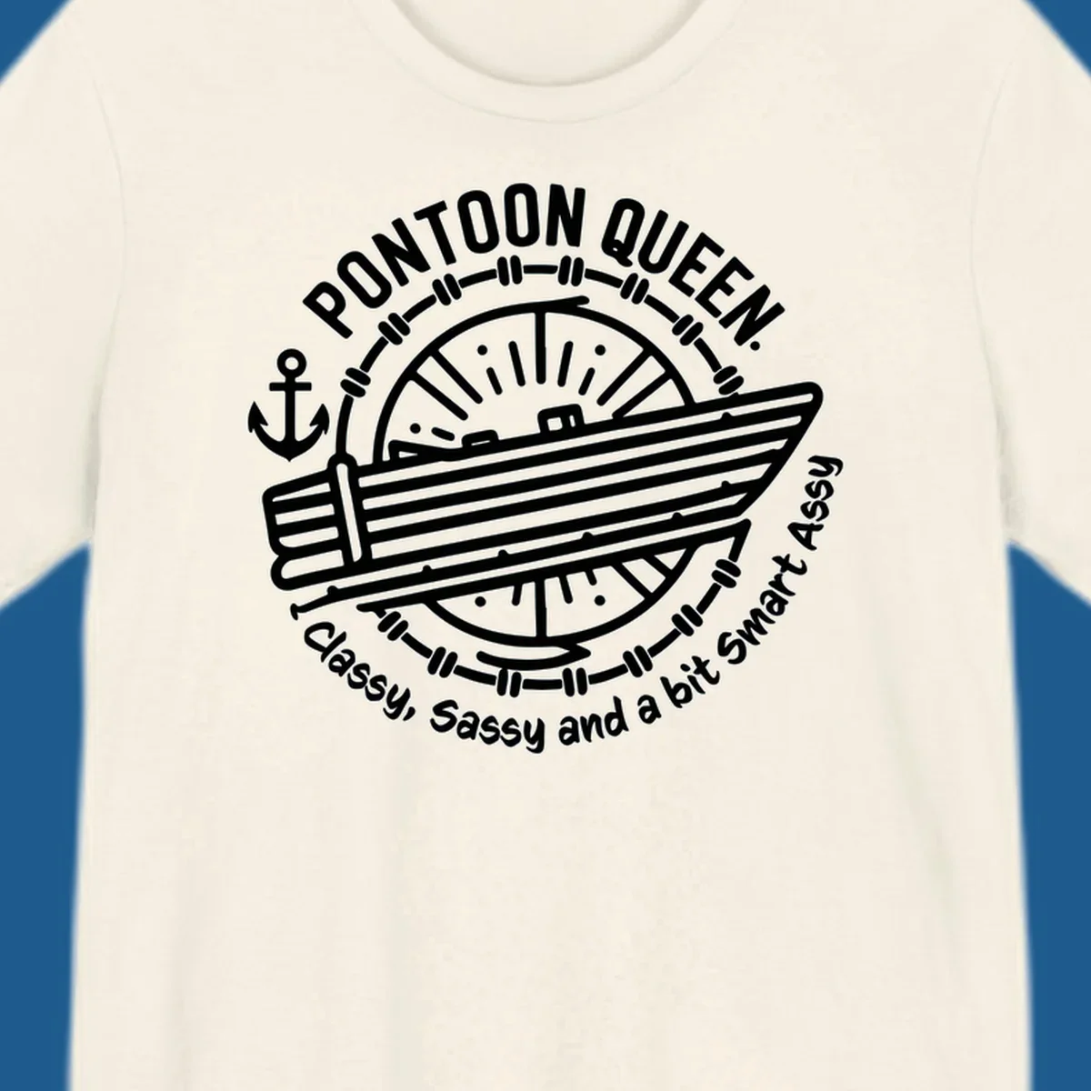 Pontoon Queen boat life design with text and graphics of a boat, wheel, and anchor.