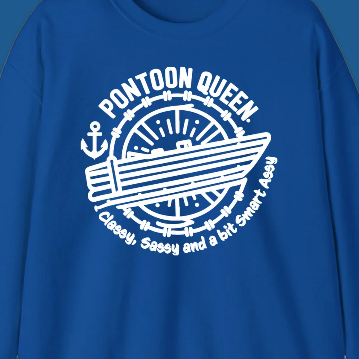 Pontoon Queen boat life design with text and graphics of a boat, wheel, and anchor.