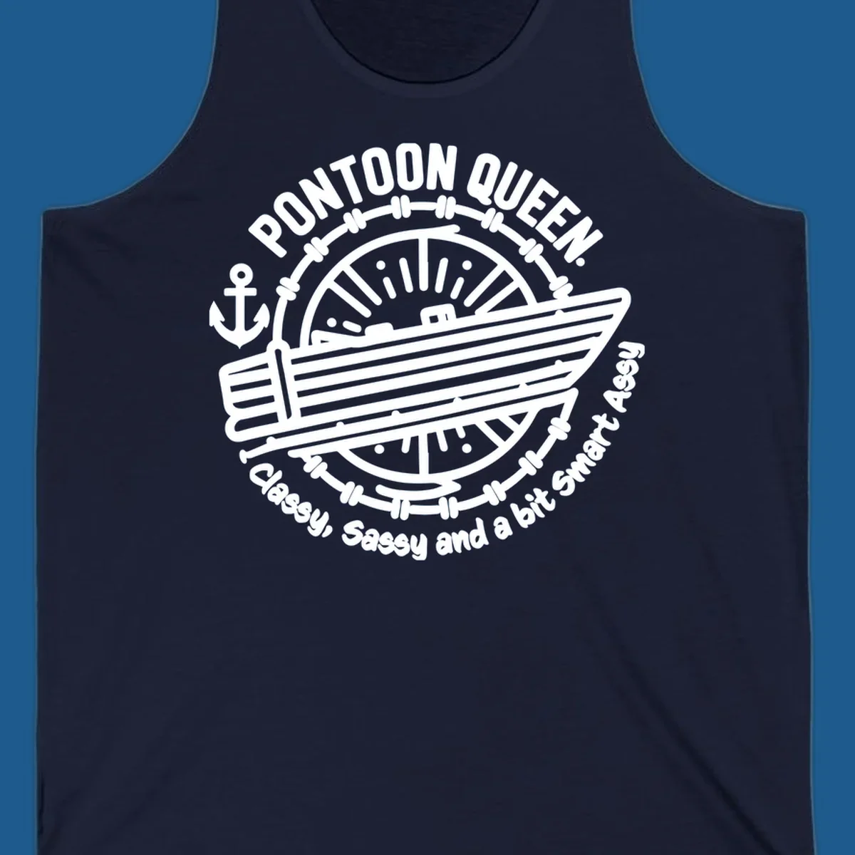 Pontoon Queen boat life design with text and graphics of a boat, wheel, and anchor.