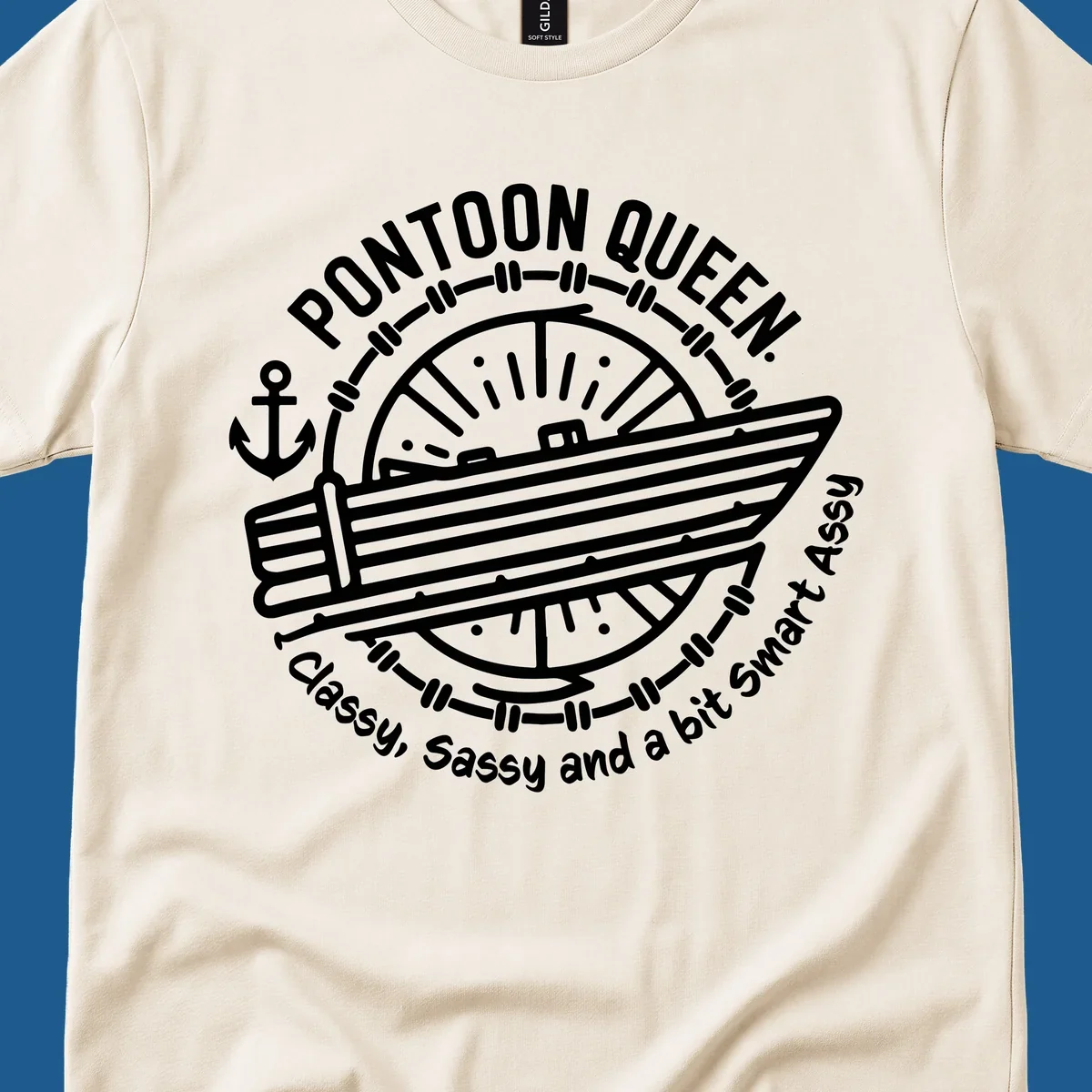 Pontoon Queen boat life design with text and graphics of a boat, wheel, and anchor.