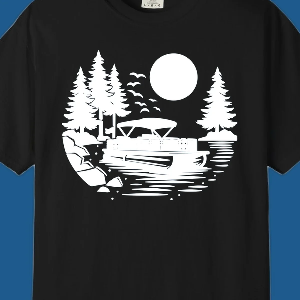 Pontoon boat on a lake at sunset with trees and a full moon, pontoon-boat-sunset