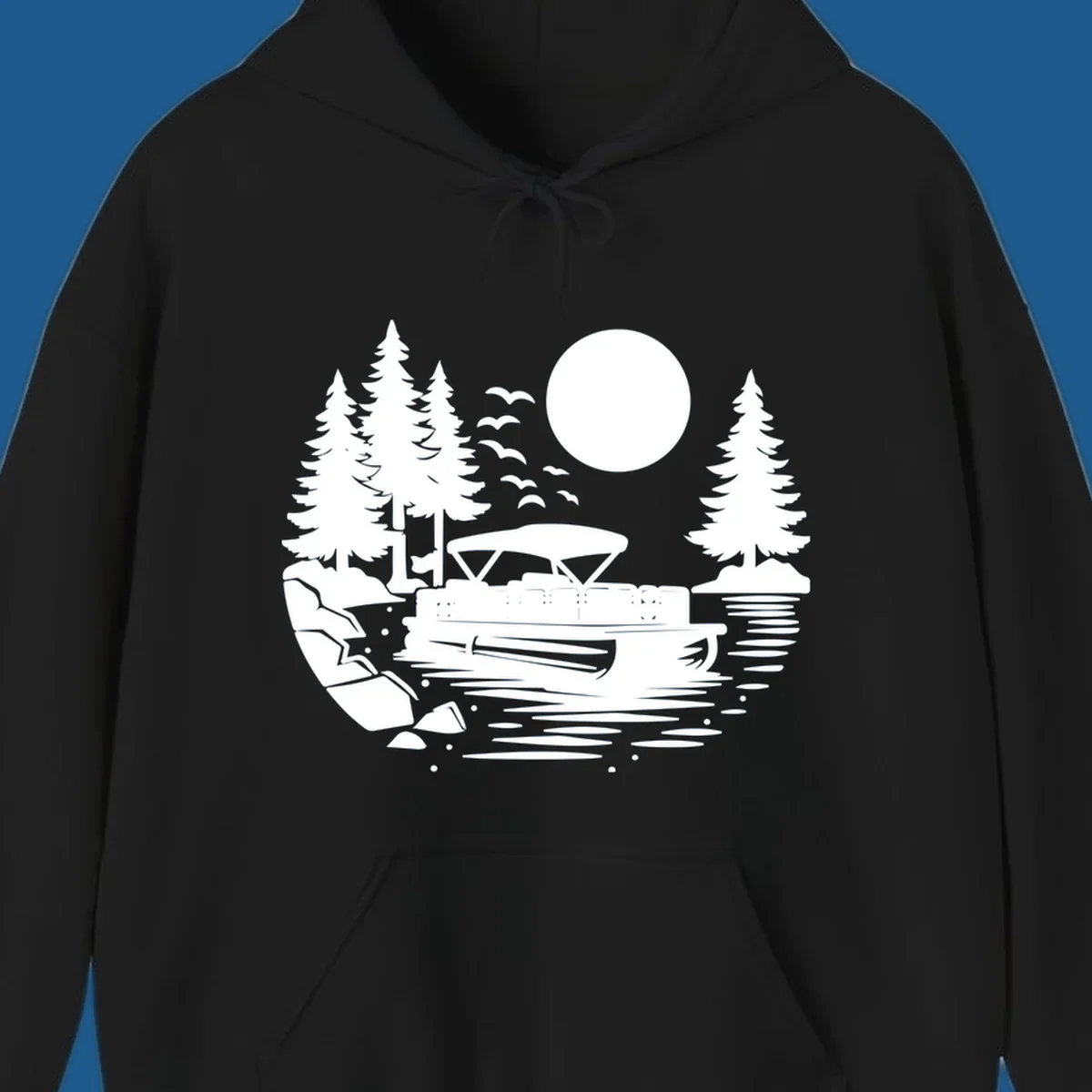 Pontoon boat on a lake at sunset with trees and a full moon, pontoon-boat-sunset