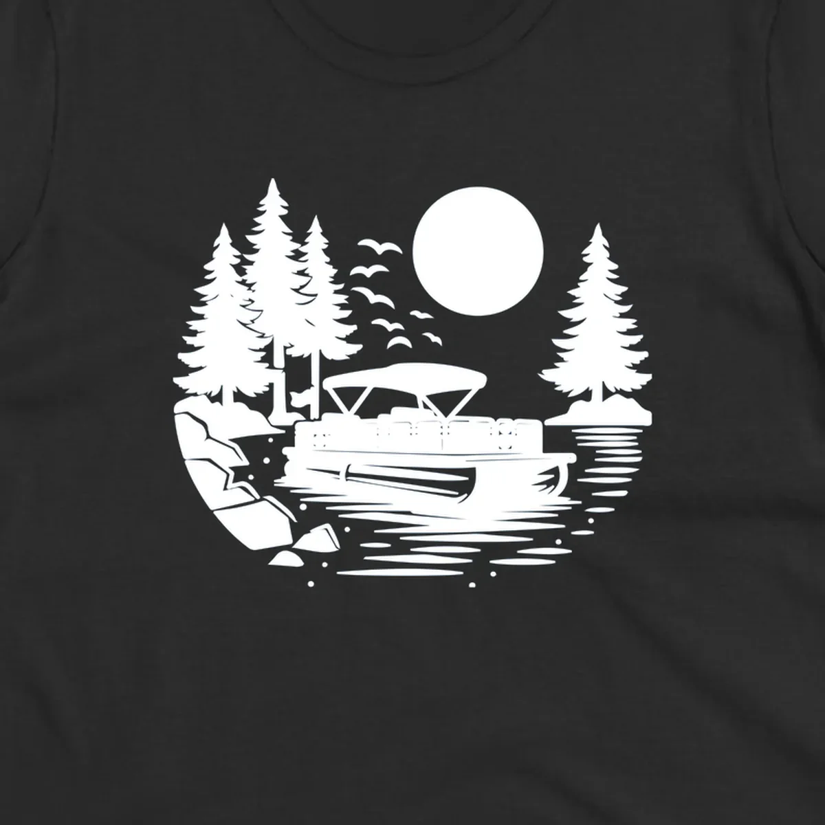 Pontoon boat on a lake at sunset with trees and a full moon, pontoon-boat-sunset