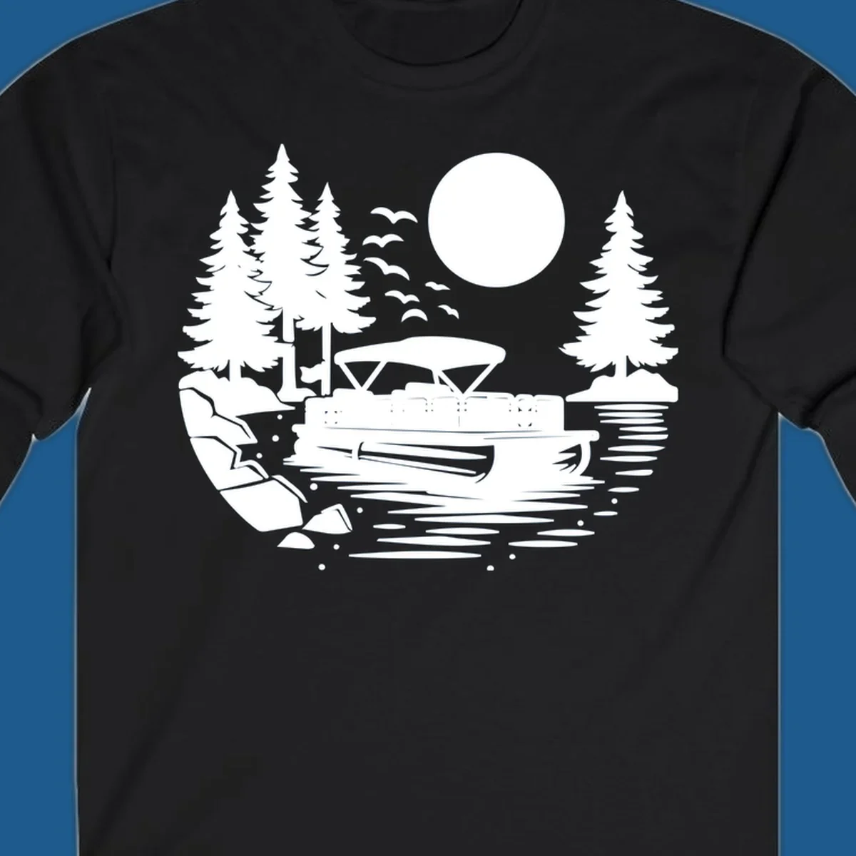 Pontoon boat on a lake at sunset with trees and a full moon, pontoon-boat-sunset