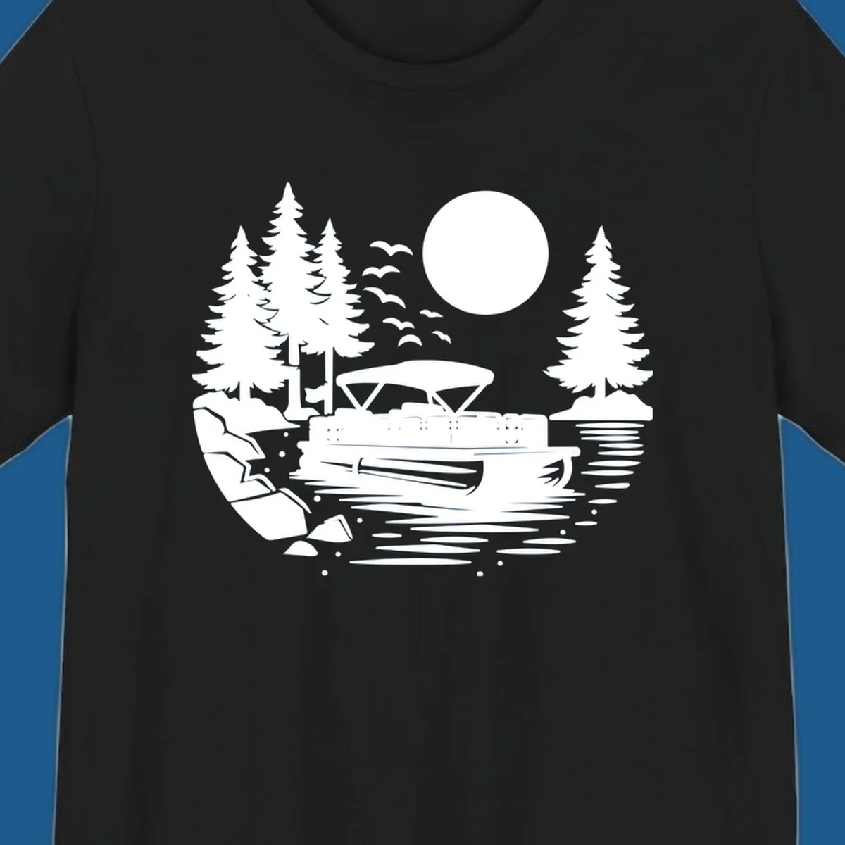 Pontoon boat on a lake at sunset with trees and a full moon, pontoon-boat-sunset