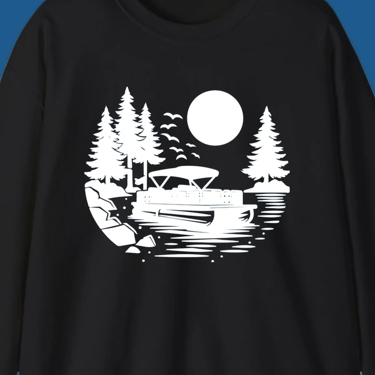 Pontoon boat on a lake at sunset with trees and a full moon, pontoon-boat-sunset