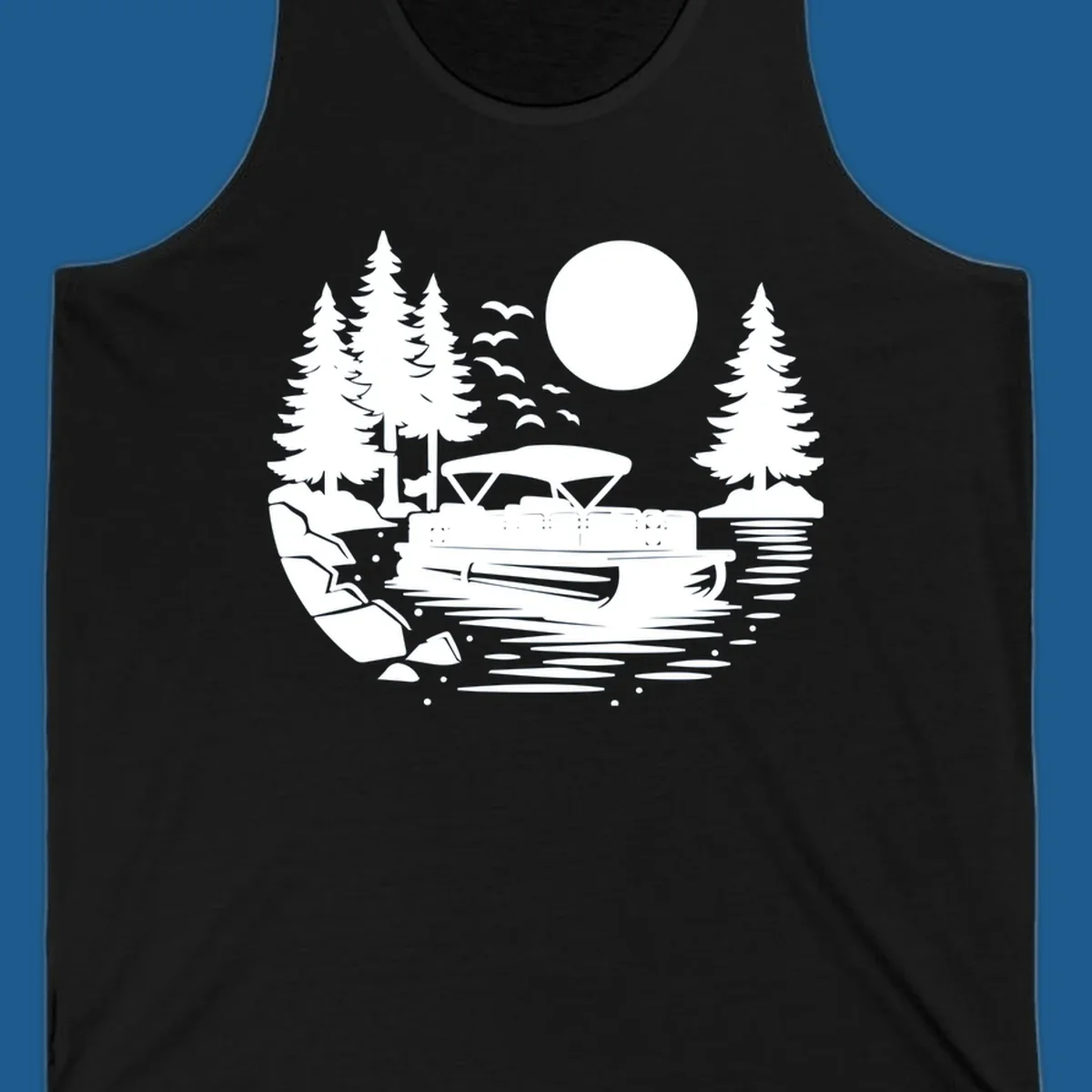 Pontoon boat on a lake at sunset with trees and a full moon, pontoon-boat-sunset