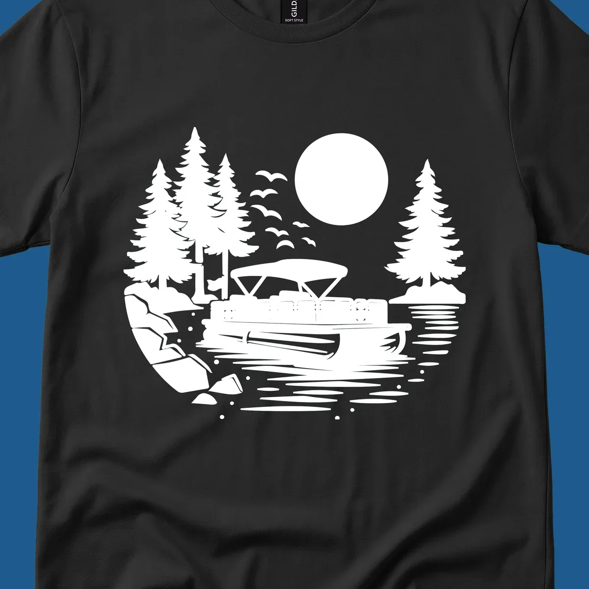 Pontoon boat on a lake at sunset with trees and a full moon, pontoon-boat-sunset