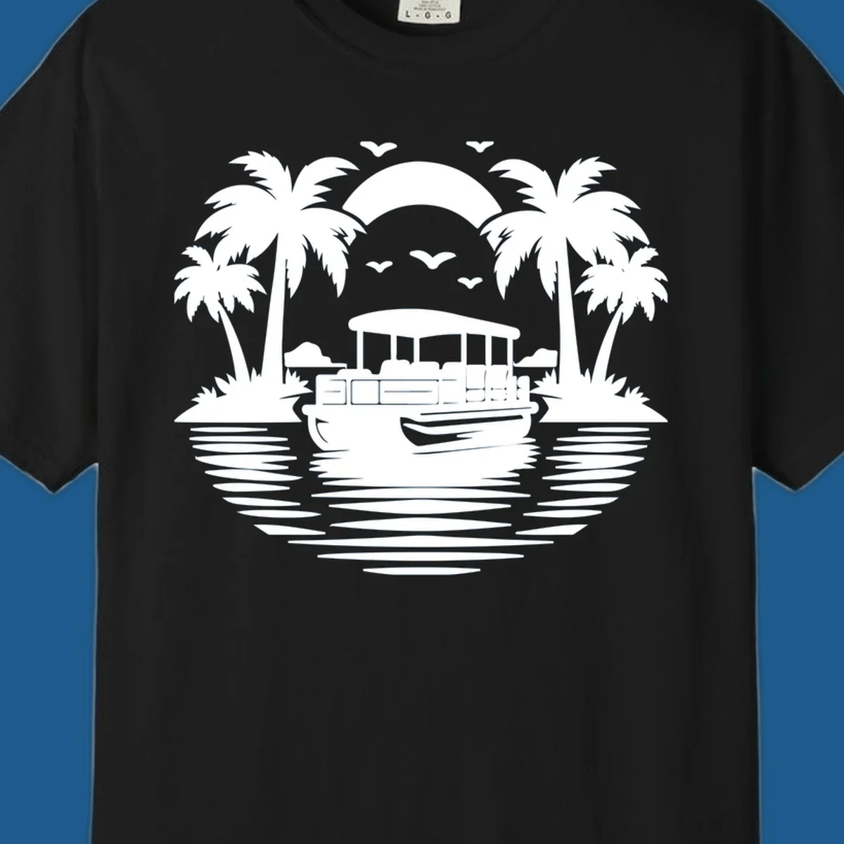 Pontoon boat sunset cruise with palm trees and birds in the sky.