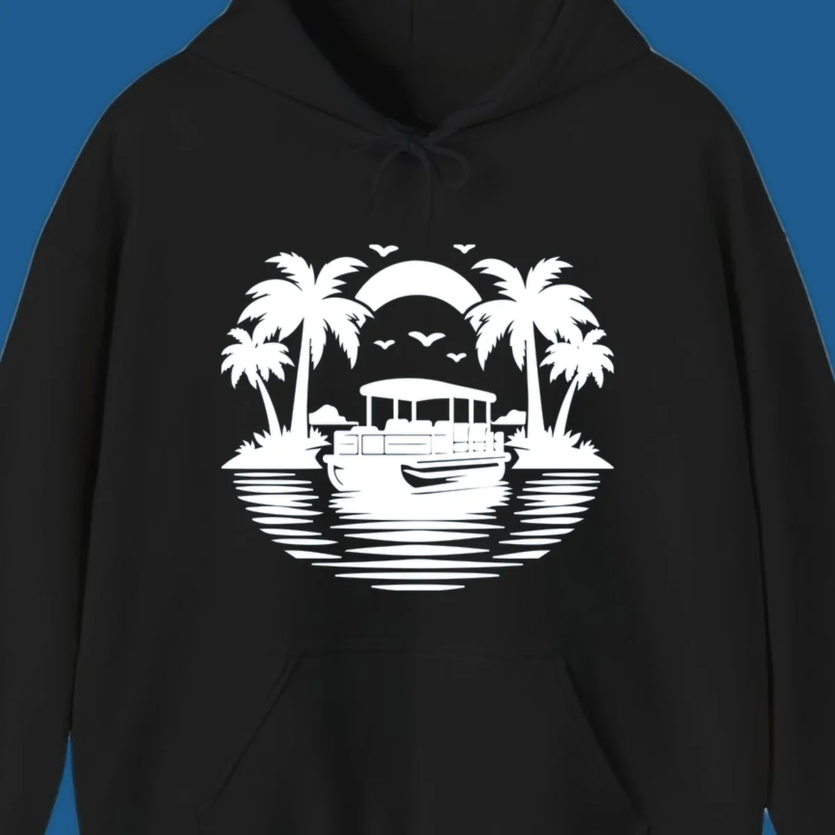 Pontoon boat sunset cruise with palm trees and birds in the sky.