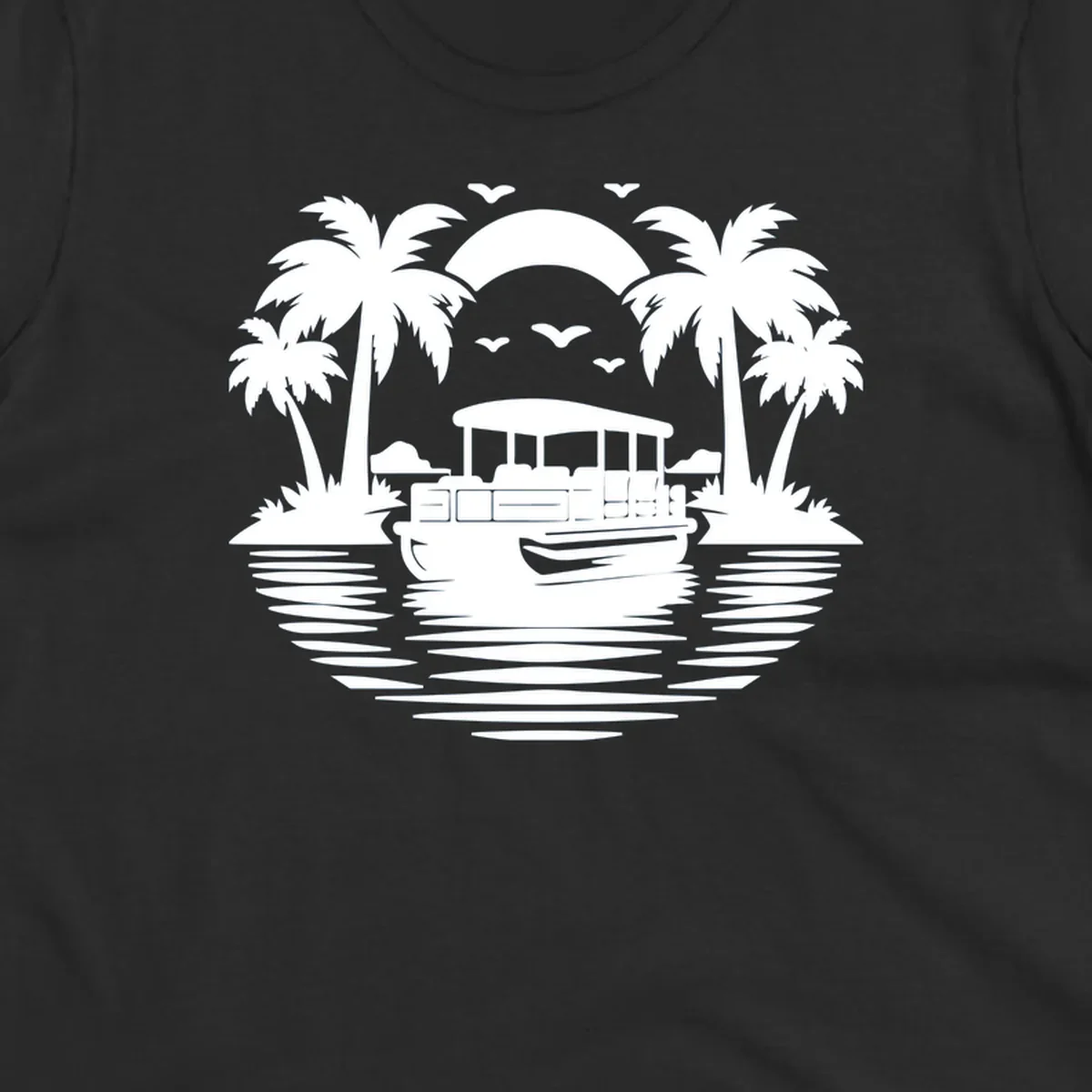 Pontoon boat sunset cruise with palm trees and birds in the sky.