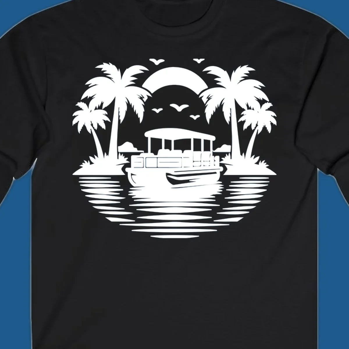 Pontoon boat sunset cruise with palm trees and birds in the sky.