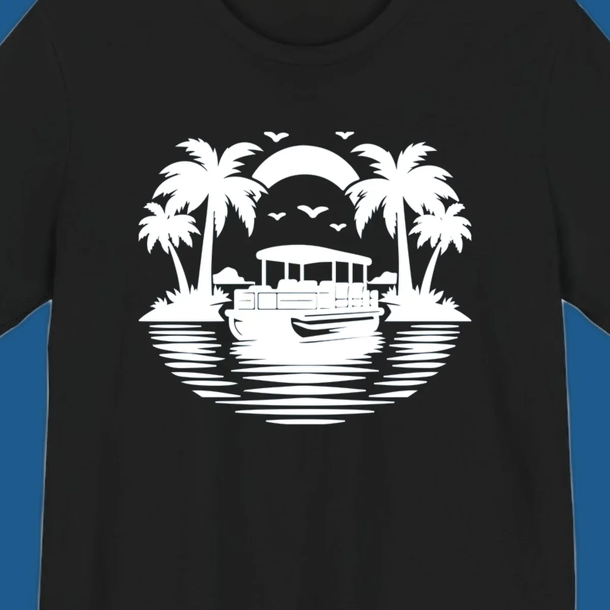 Pontoon boat sunset cruise with palm trees and birds in the sky.