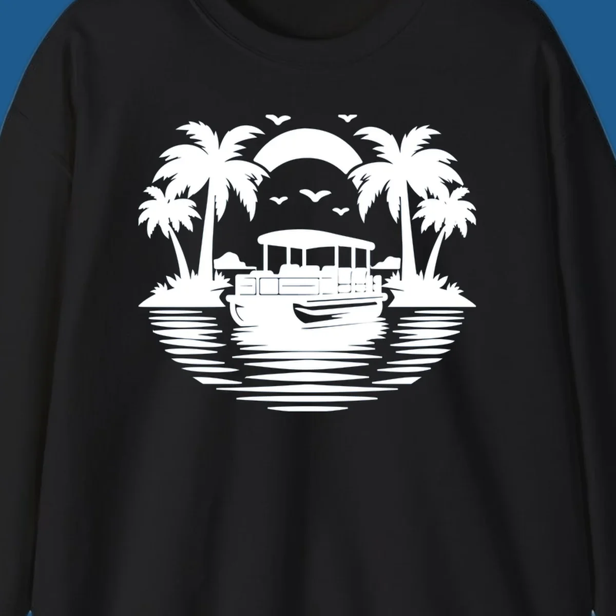 Pontoon boat sunset cruise with palm trees and birds in the sky.