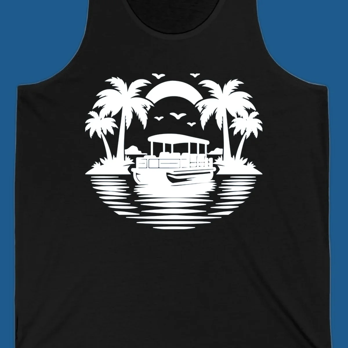Pontoon boat sunset cruise with palm trees and birds in the sky.