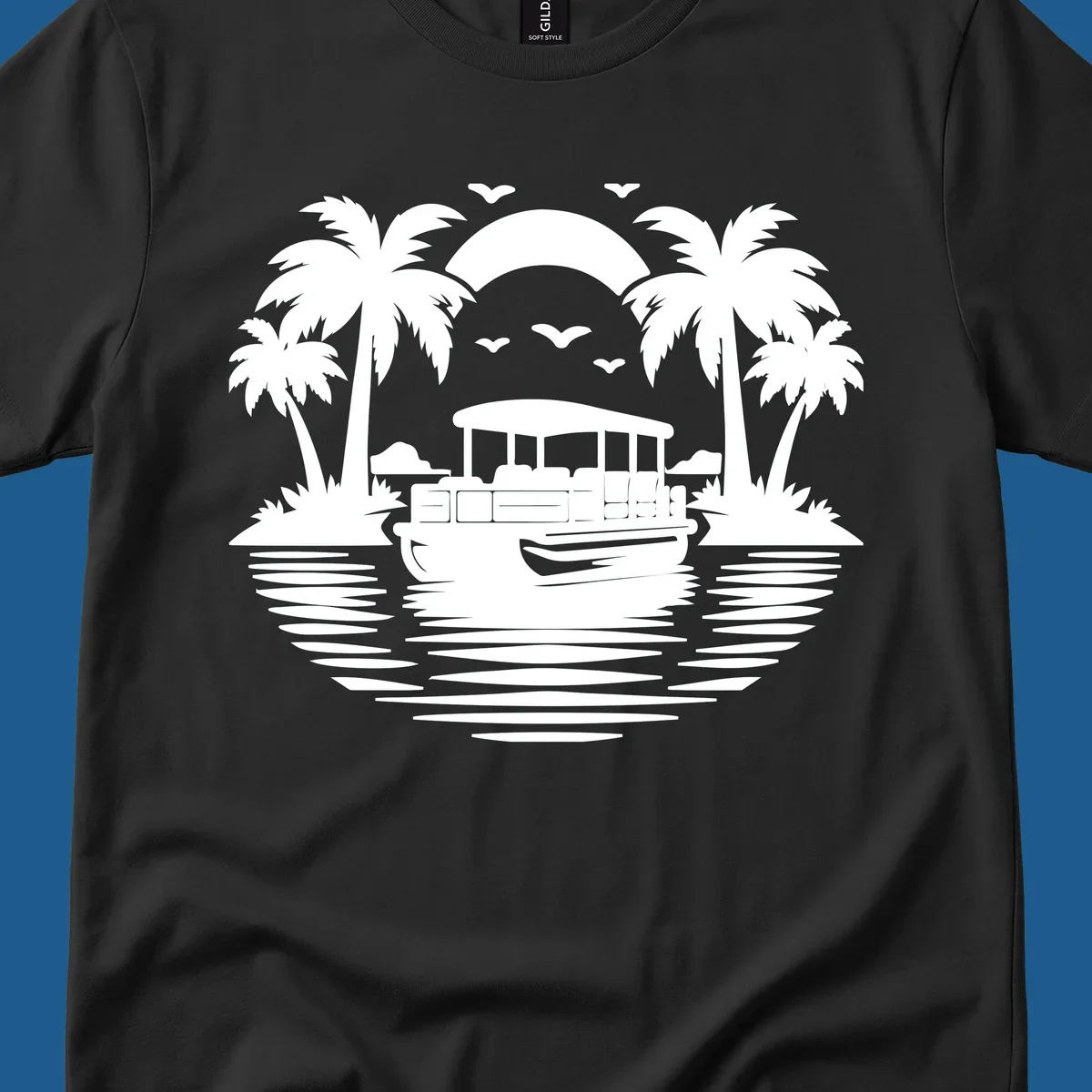 Pontoon boat sunset cruise with palm trees and birds in the sky.
