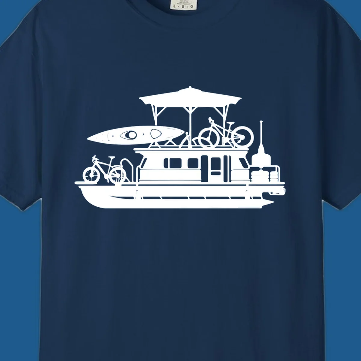 Pontoon boat silhouette with kayak and bicycles, representing pontoon-boat-adventure.