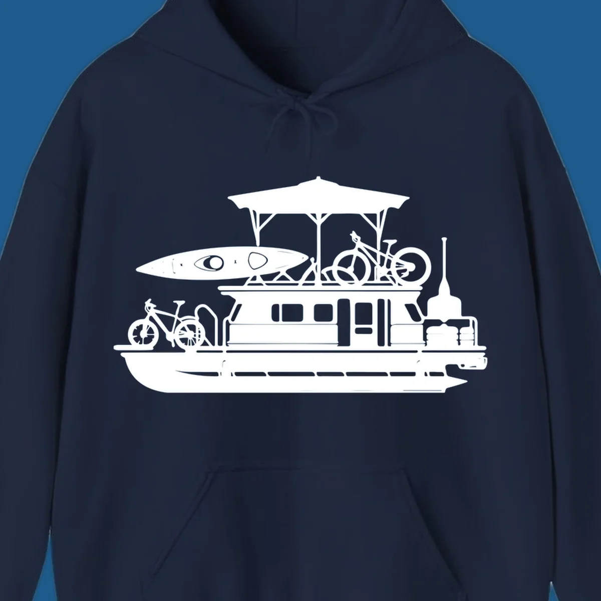Pontoon boat silhouette with kayak and bicycles, representing pontoon-boat-adventure.