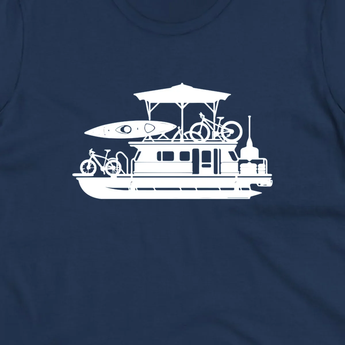 Pontoon boat silhouette with kayak and bicycles, representing pontoon-boat-adventure.