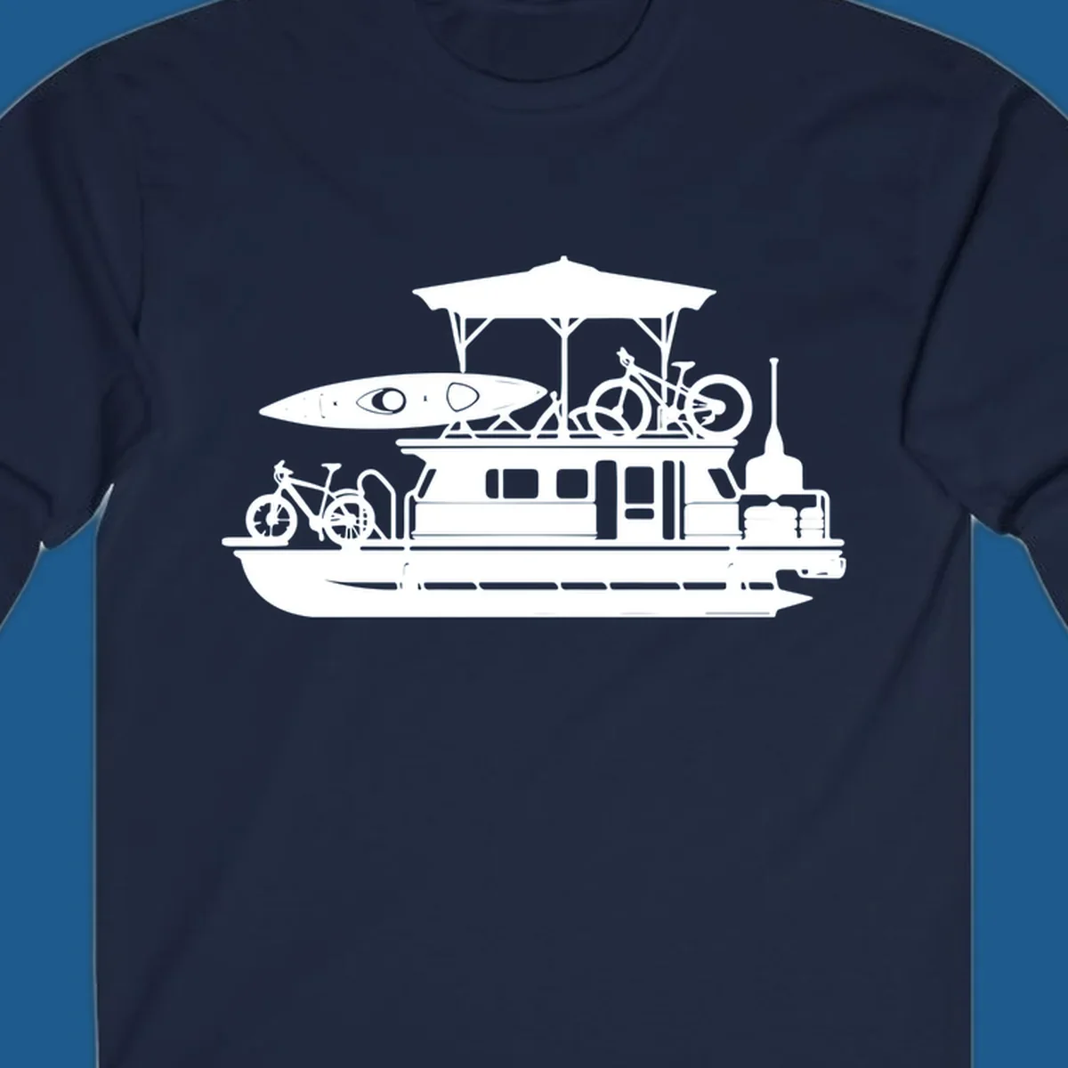 Pontoon boat silhouette with kayak and bicycles, representing pontoon-boat-adventure.