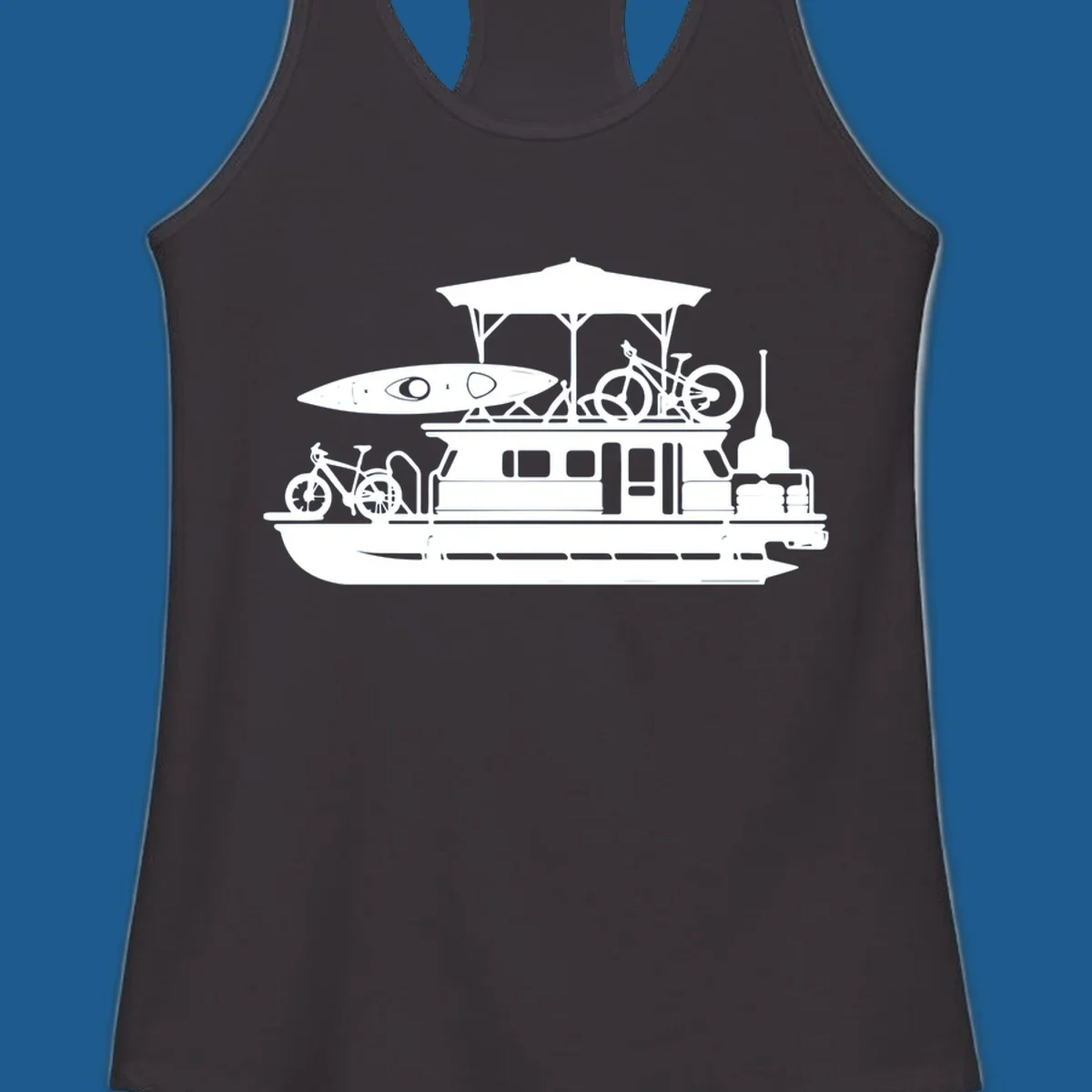 Pontoon boat silhouette with kayak and bicycles, representing pontoon-boat-adventure.