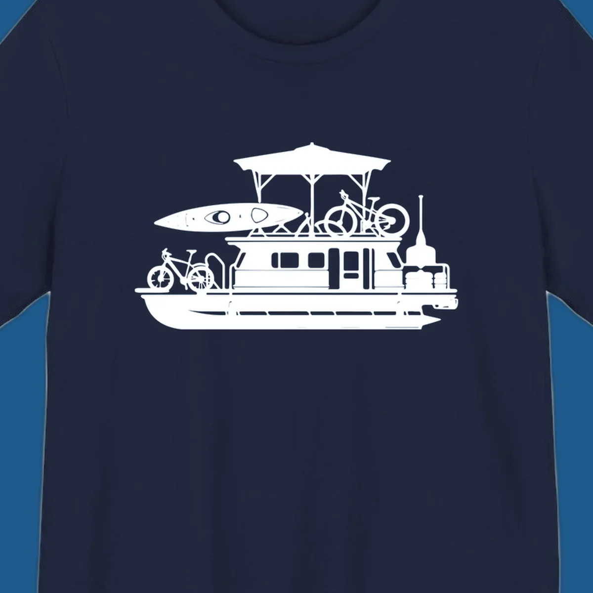 Pontoon boat silhouette with kayak and bicycles, representing pontoon-boat-adventure.