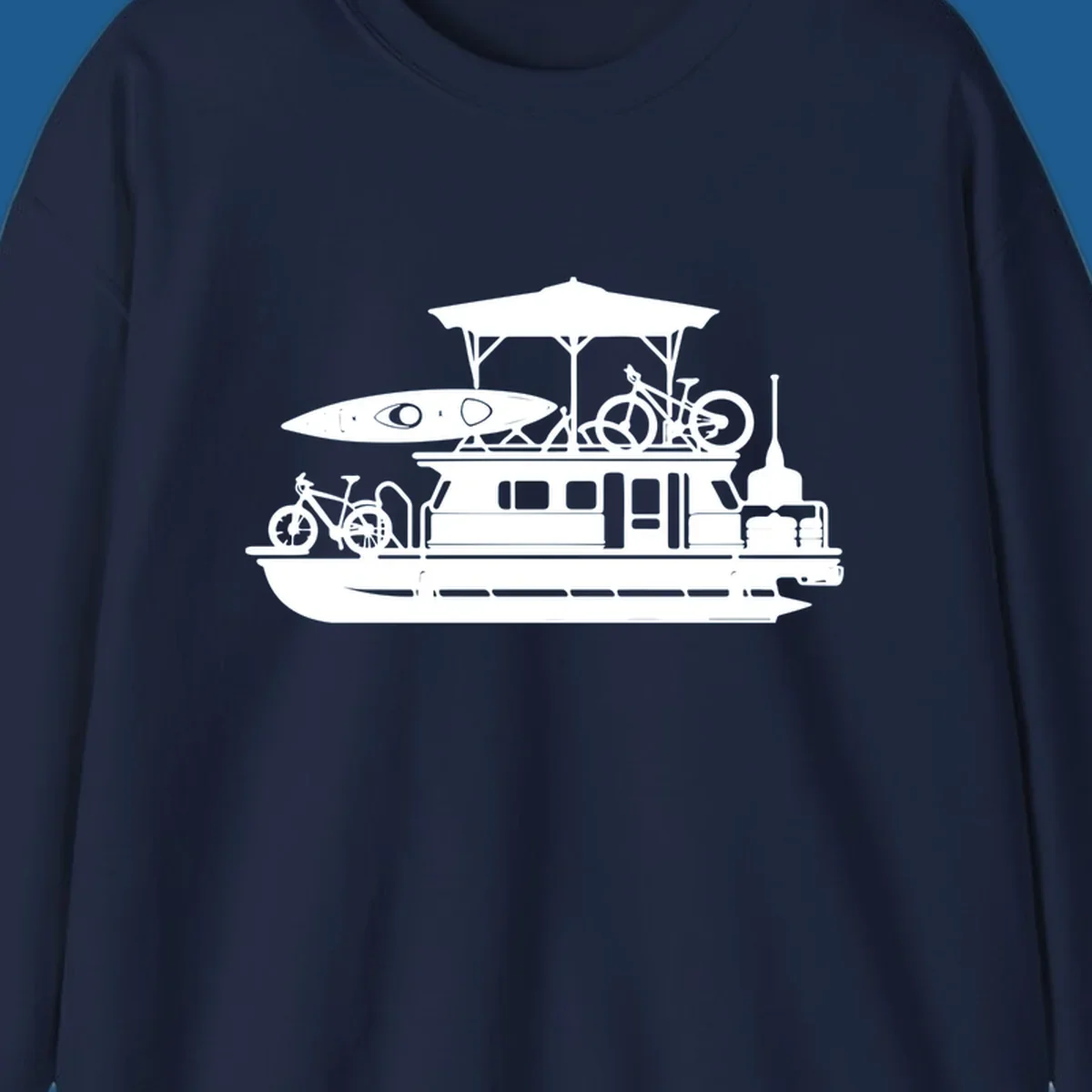 Pontoon boat silhouette with kayak and bicycles, representing pontoon-boat-adventure.