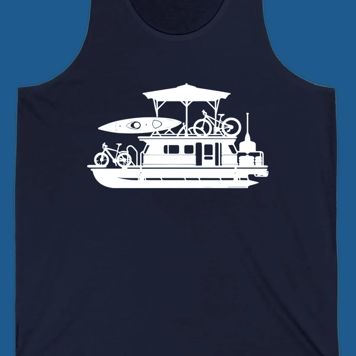 Pontoon boat silhouette with kayak and bicycles, representing pontoon-boat-adventure.