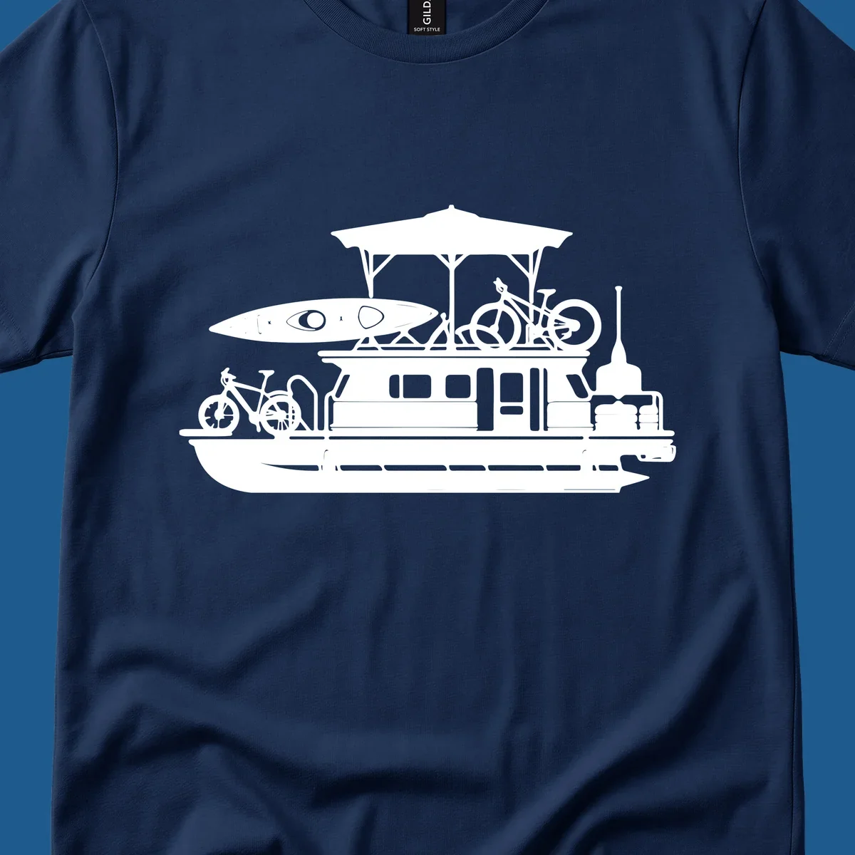 Pontoon boat silhouette with kayak and bicycles, representing pontoon-boat-adventure.