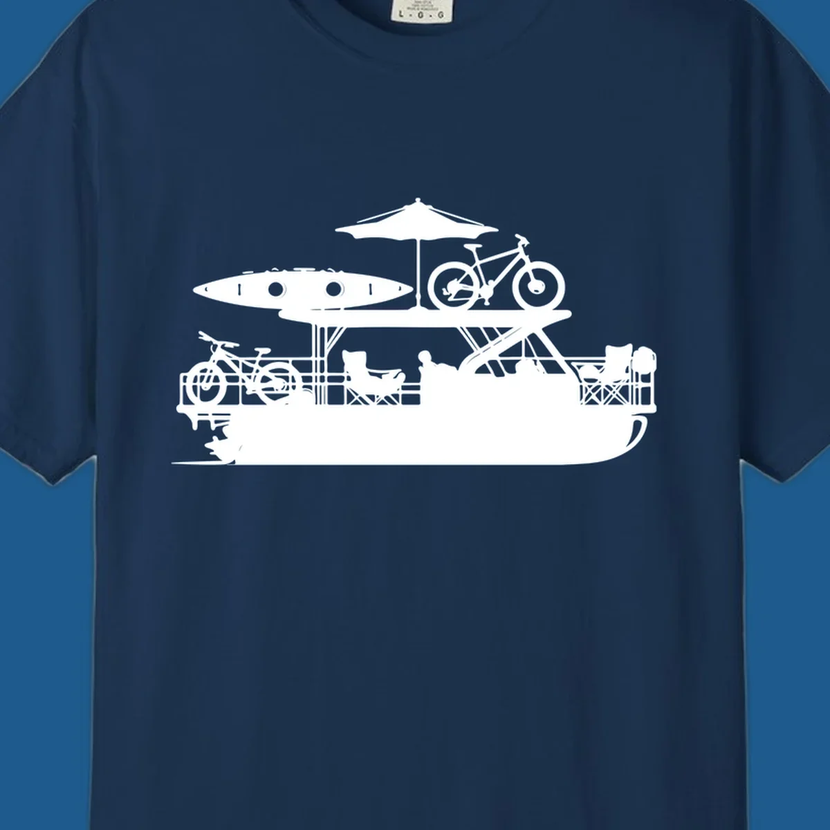 Pontoon boat lifestyle illustration with kayak, bikes, umbrella, and chairs. pontoon-boat-lifestyle