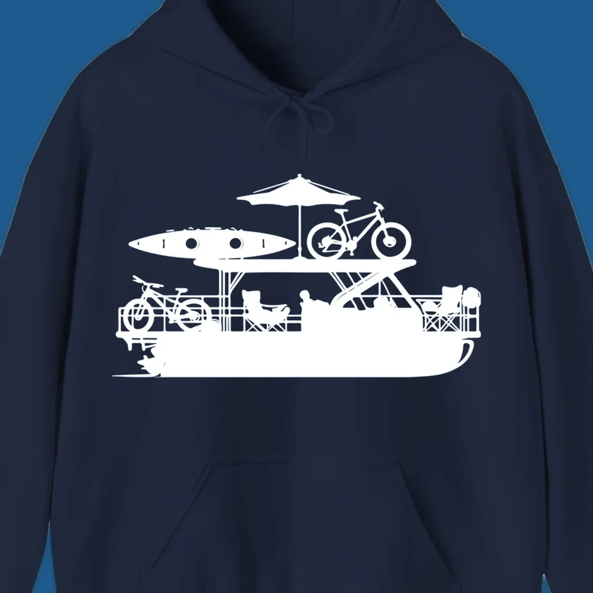 Pontoon boat lifestyle illustration with kayak, bikes, umbrella, and chairs. pontoon-boat-lifestyle