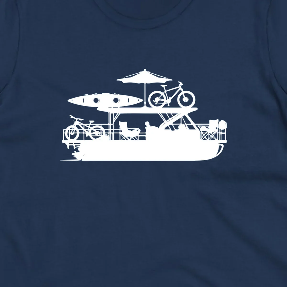 Pontoon boat lifestyle illustration with kayak, bikes, umbrella, and chairs. pontoon-boat-lifestyle