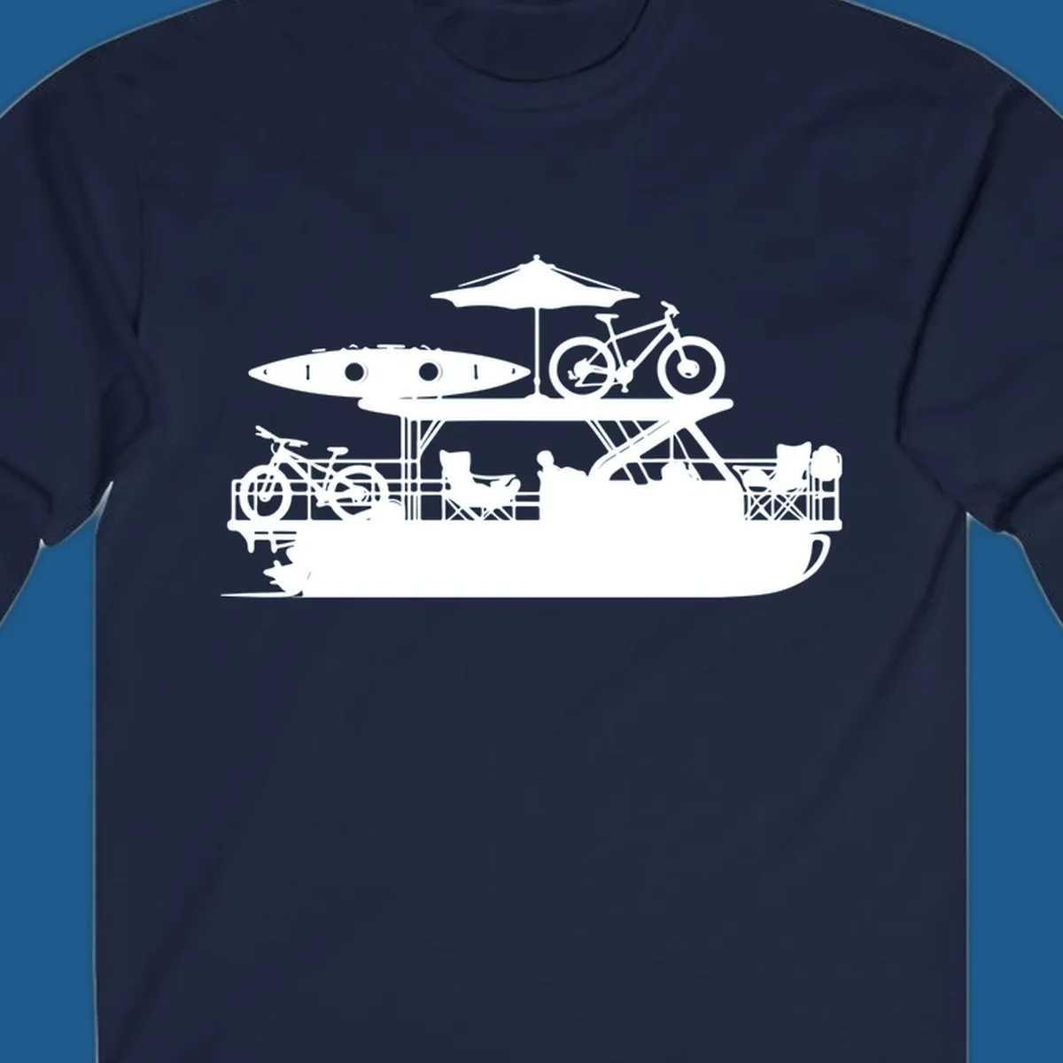 Pontoon boat lifestyle illustration with kayak, bikes, umbrella, and chairs. pontoon-boat-lifestyle