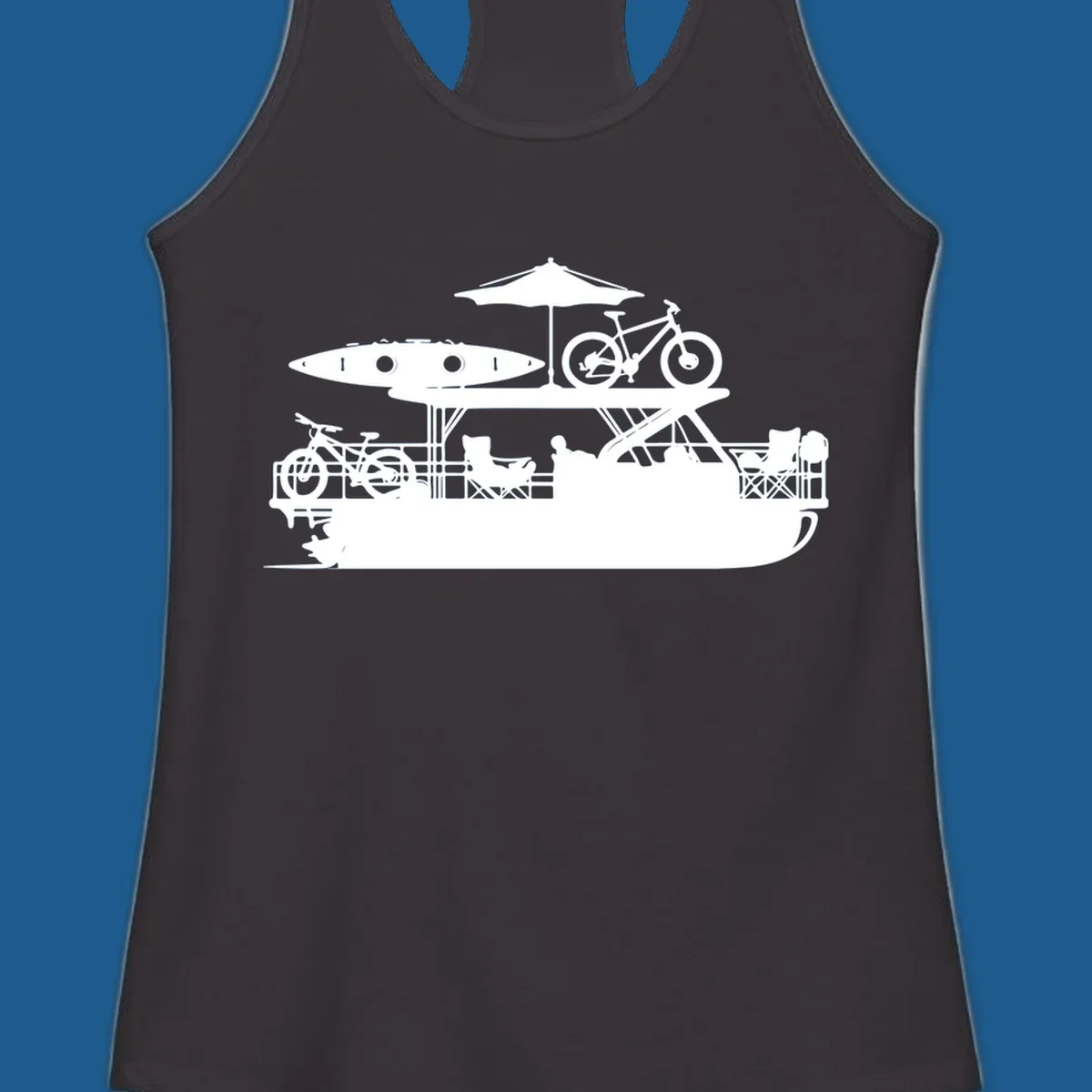 Pontoon boat lifestyle illustration with kayak, bikes, umbrella, and chairs. pontoon-boat-lifestyle